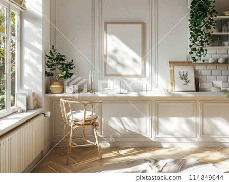 Home mockup frame cozy modern kitchen interior background Home mockup frame cozy modern kitchen interior background 114849644