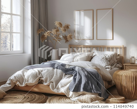 Home cozy Scandinavian bedroom interior with frame mockups Home cozy Scandinavian bedroom interior with frame mockups 114849740