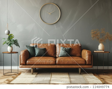 Home interior mock-up with brown leather sofa table and decor in living room Home interior mock-up with brown leather sofa table and decor in living room 114849774