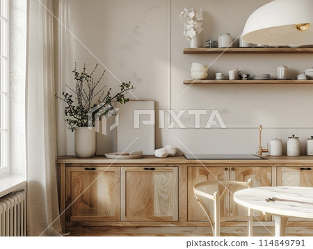 Home mockup frame, cozy modern kitchen interior background Home mockup frame, cozy modern kitchen interior background 114849791