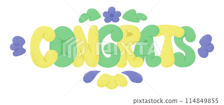 Greeting banner with puffy hand drawn flat characters with dotted texture. Congrats slogan. Vector horizontal typographic illustration in candy pastel colors isolated on white background 114849855