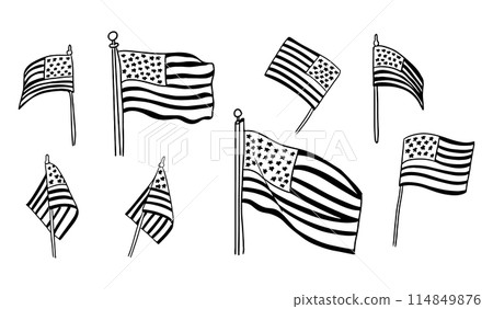 Contour doodle set of US flags in different position. Collection of sketchy outline drawings isolate on white background. Monochrome National Patriotic American holiday concept 114849876