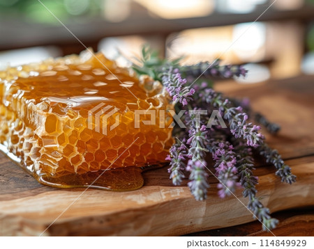 Organic Honey and Lavender on Wooden Surface 114849929
