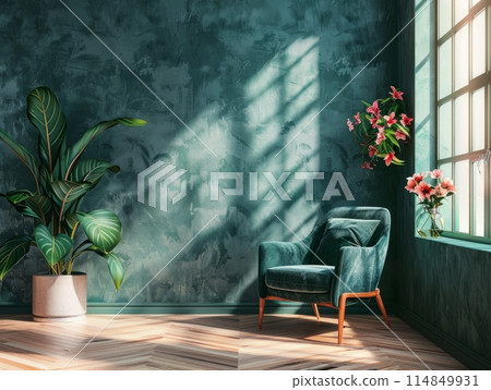 Home interior with armchair and flower over dark green living room Home interior with armchair and flower over dark green living room 114849931