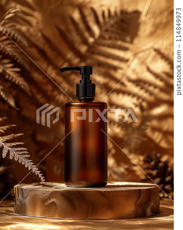 Dark brown dispenser stands on a podium, product mockup Dark brown dispenser stands on a podium, product mockup 114849973
