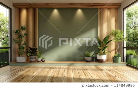 Green kitchen room and minimalist interior design on mockup wood slat wall 114849986