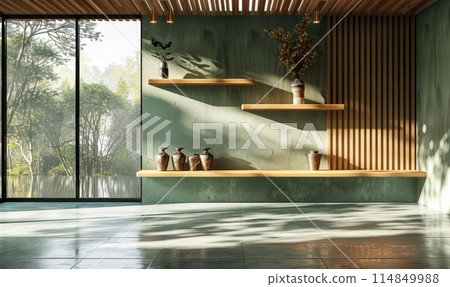 Green kitchen room and minimalist interior design on mockup wood slat wall 114849988