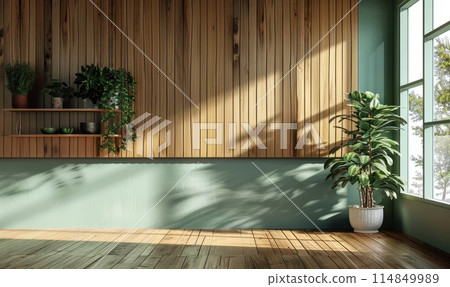 Green kitchen room and minimalist interior design on mockup wood slat wall Green kitchen room and minimalist interior design on mockup wood slat wall 114849989