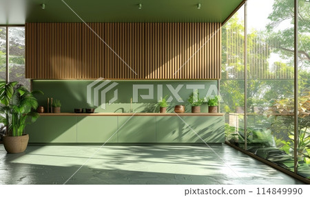 Green kitchen room and minimalist interior design on mockup wood slat wall 114849990