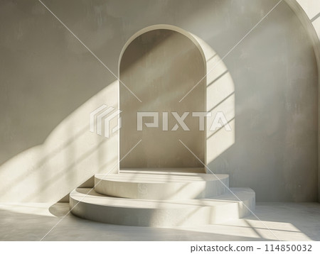 Empty simple background for presentation with wall and podium. Sunlight from the window Empty simple background for presentation with wall and podium. Sunlight from the window 114850032