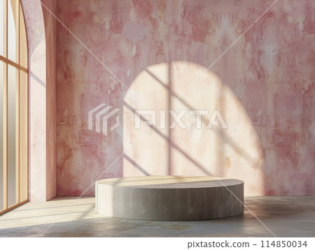 Empty simple background for presentation with wall and podium. Sunlight from the window Empty simple background for presentation with wall and podium. Sunlight from the window 114850034