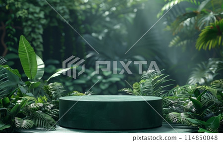 Dark green podium in tropical forest for product presentation and green background 114850048