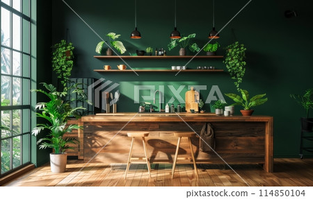 Cozy modern kitchen room interior design with dark green wall 114850104