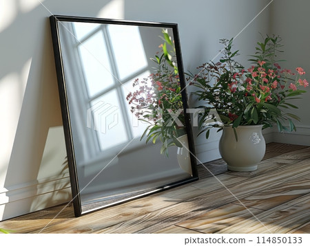 Blank picture frame on the parquet floor with flowers near window 114850133