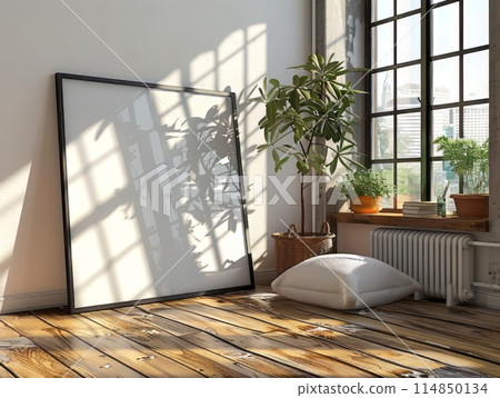 Blank picture frame on the parquet floor with flowers near window 114850134