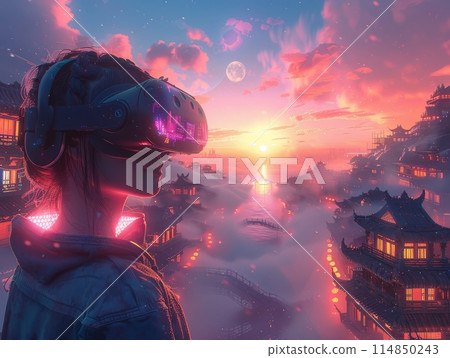 Immersive Virtual World: Individual Wearing VR Glasses in the Metaverse Immersive Virtual World: Individual Wearing VR Glasses in the Metaverse 114850243