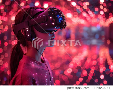 Immersive Virtual World: Individual Wearing VR Glasses in the Metaverse 114850244