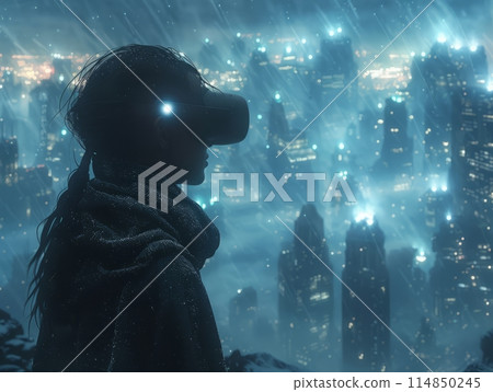 Immersive Virtual World: Individual Wearing VR Glasses in the Metaverse 114850245