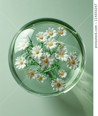 Matricaria chamomile in water bubble of light green and white, 114850247