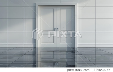 Monochrome photo of a door with water, wood, asphalt, and parallel lines 114850256