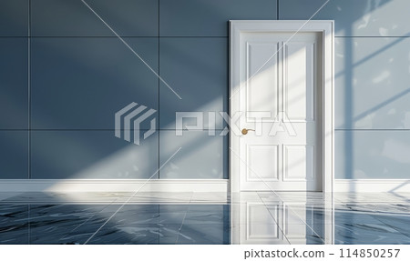 Monochrome photo of a door with water, wood, asphalt, and parallel lines 114850257