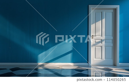 A flooded room with a door and its reflection in the water 114850265