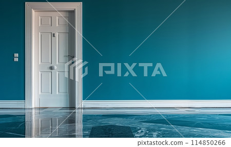 A flooded room with a door and its reflection in the water 114850266
