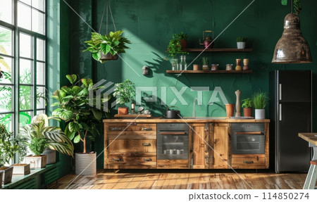 Cozy modern kitchen room interior design with dark green wall Cozy modern kitchen room interior design with dark green wall 114850274