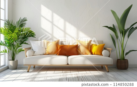Bright and cozy modern living room interior have sofa and plant with white plaster wall Bright and cozy modern living room interior have sofa and plant with white plaster wall 114850288