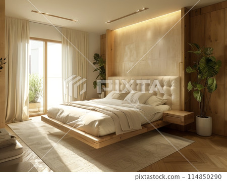 There is a large bed with banner painting, light white and beige There is a large bed with banner painting, light white and beige 114850290
