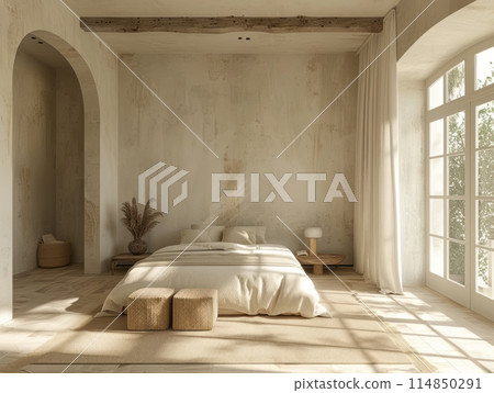 Modern Bedroom Interior with Stone Feature Wall and Bed Modern Bedroom Interior with Stone Feature Wall and Bed 114850291
