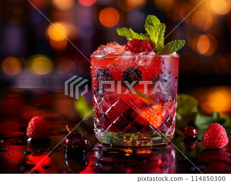 Glass tumblers with cocktail and fruits, summer backdrop 114850300