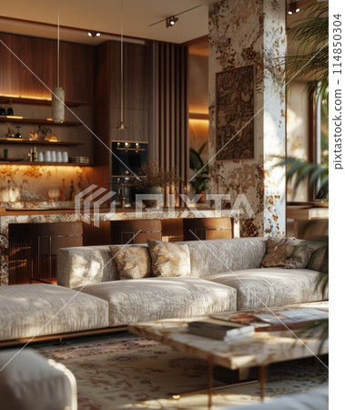 apartment with sofa over window and flower in pot 114850304