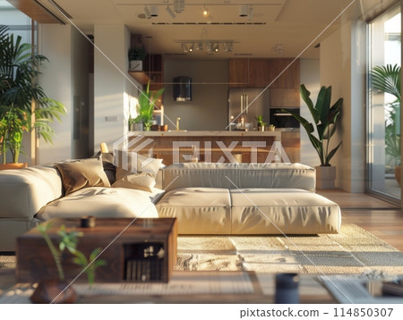 apartment with sofa over window and flower in pot 114850307