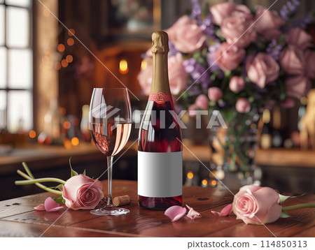 Wine bottle mockup, the bouquets are pink roses in a vase Wine bottle mockup, the bouquets are pink roses in a vase 114850313