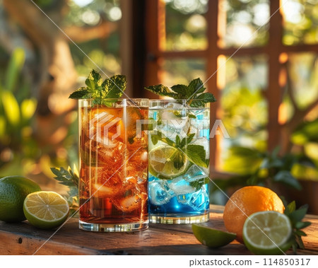 Glass tumblers with water and fruits, summer backdrop 114850317