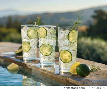 Glass tumblers with water and fruits, summer backdrop 114850318