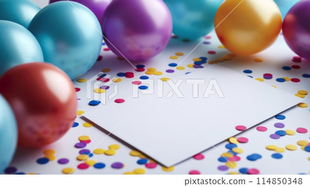 White envelope surrounded by balloons and confetti for a festive Easter party White envelope surrounded by balloons and confetti for a festive Easter party 114850348