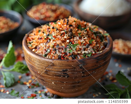 Organic Japanese Seven Spice Shichimi in a Bowl Organic Japanese Seven Spice Shichimi in a Bowl 114850399