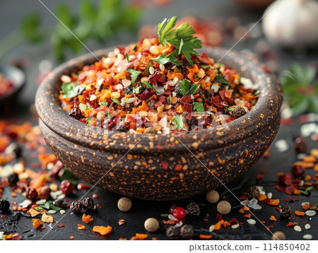 Organic Japanese Seven Spice Shichimi in a Bowl Organic Japanese Seven Spice Shichimi in a Bowl 114850402