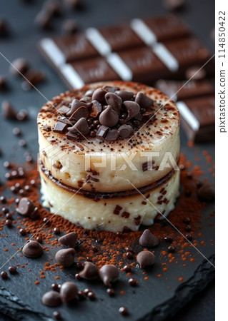 Japanese Dorayaki pancake covered with chocolate mousse toped with chocolate 114850422