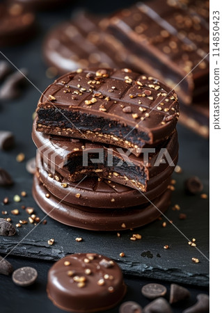 Japanese Dorayaki pancake covered with chocolate mousse toped with chocolate 114850423