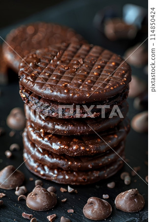 Japanese Dorayaki pancake covered with chocolate mousse toped with chocolate Japanese Dorayaki pancake covered with chocolate mousse toped with chocolate 114850424