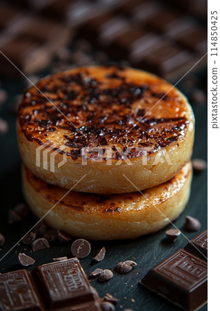 Japanese Dorayaki pancake covered with chocolate mousse toped with chocolate 114850425