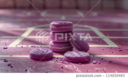 A stack of magenta cookies with a basketball in the background A stack of magenta cookies with a basketball in the background 114850465