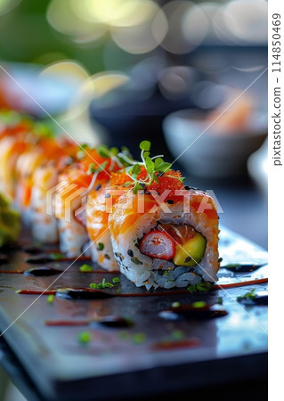 Japanese sushi rolls with tuna, salmon, shrimp, crab and avocado on plate 114850469