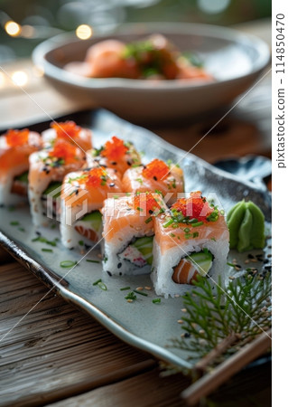 Philadelphia roll sushi with salmon, prawn, avocado, cream cheese. Sushi menu. Japanese food. 114850470