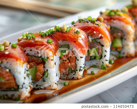 Philadelphia roll sushi with salmon, prawn, avocado, cream cheese. Sushi menu. Japanese food. 114850473