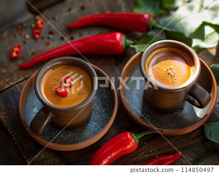 Hot Coffee and Mild Chili Peppers: Spicy Beverage Concept 114850497