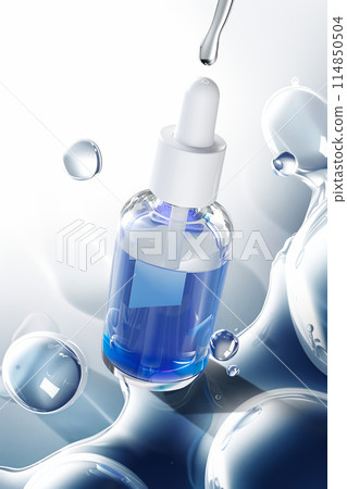 Floating glass dropper bottle with serum or oil and flying water drop 114850504